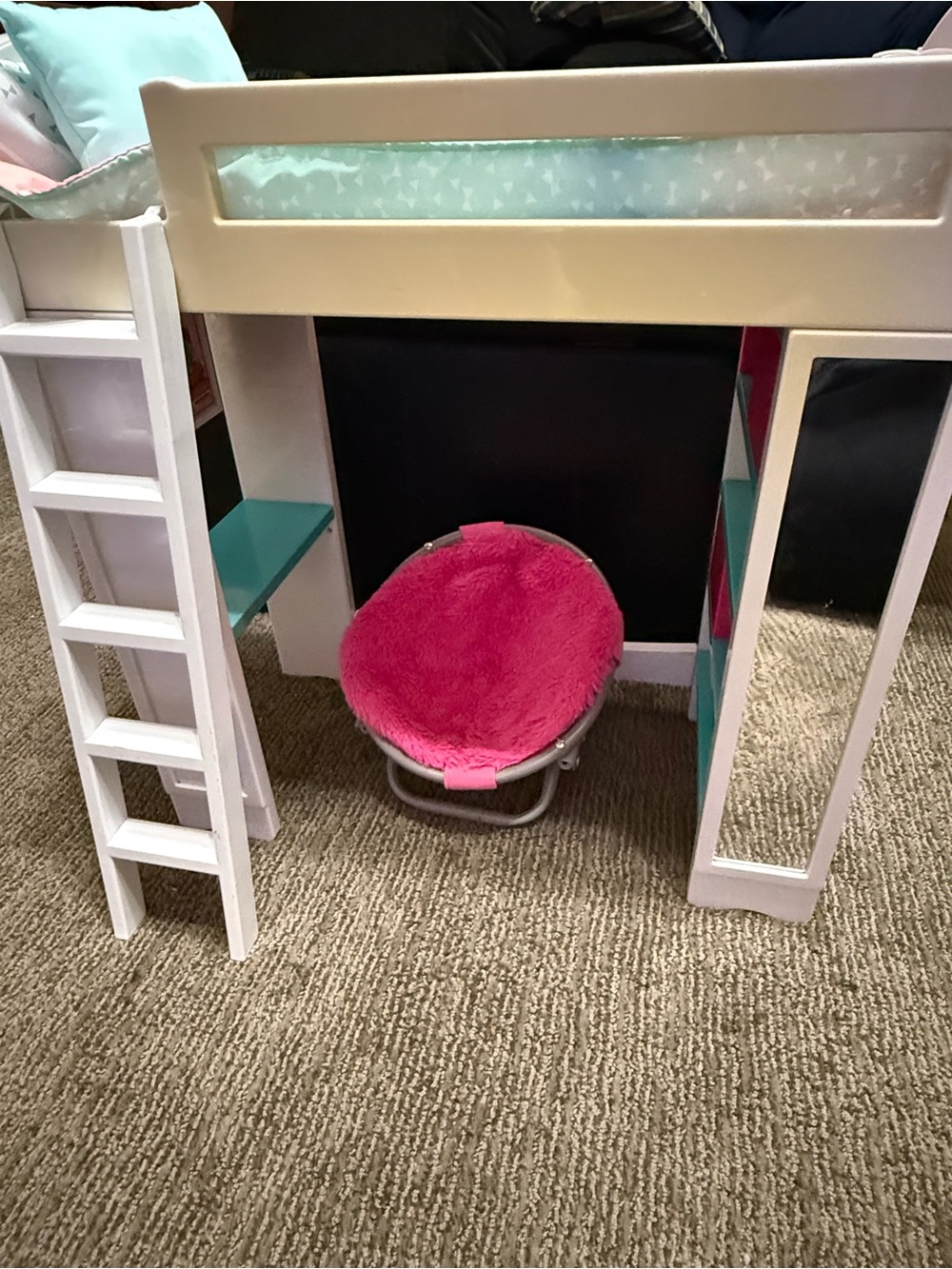 My Life As White Pink & Blue Loft Bed with Pink Fuzzy Papasan Chair Desk - Picture 8 of 14